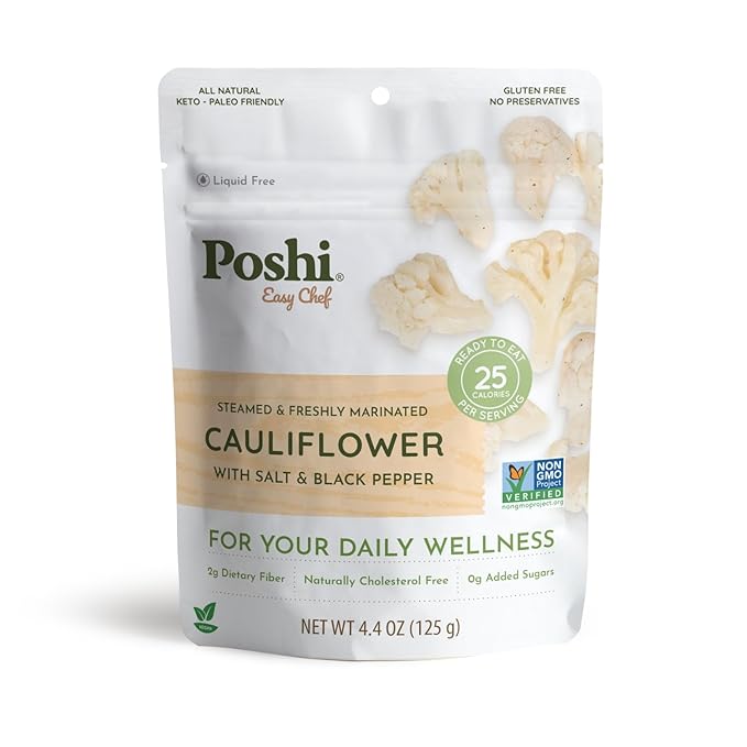 POSHI Marinated Cauliflower Florets with Salt + Black Pepper Natural, Keto, Vegan, Non GMO, Low