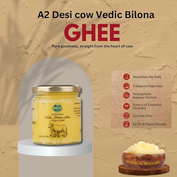 Indicow A2 Desi Cow Ghee| (180ml (6.08oz), A2 Cow Ghee (Sahiwal Cows)) | Grass Fed, Pasture Raised