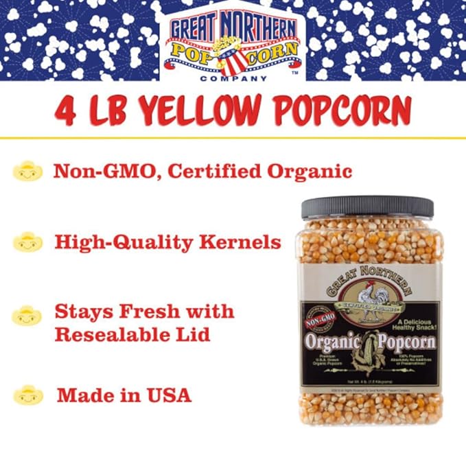 Organic Popcorn Kernels - 4lb Resealable Bulk Jug of Yellow Gourmet Popping Corn for Microwave
