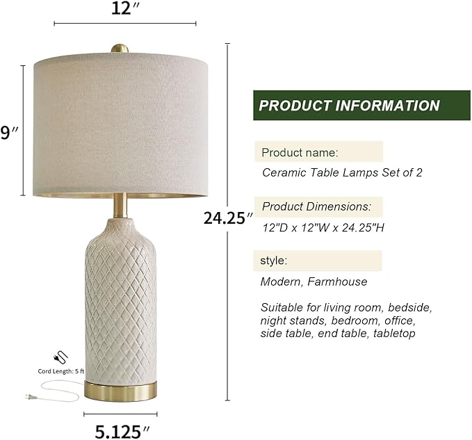 24.25" Modern Ceramic Table Lamps Set of 2 - Gold, Boho & Farmhouse Style for Living Room, Bedside