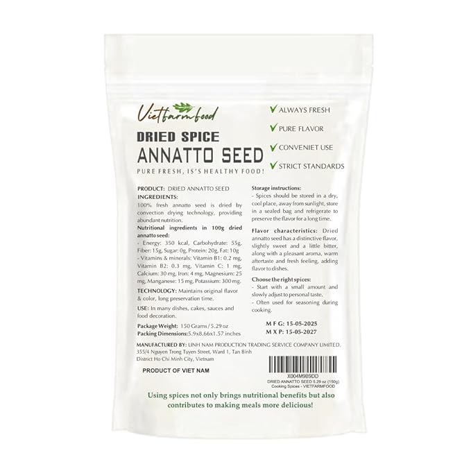 ANNATTO SEED 5.29 Oz (150g) VIETFARMFOOD: Natural pure, convection dried seasoning made from real