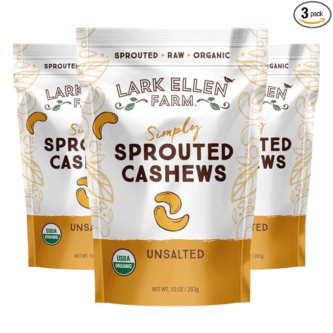 Lark Ellen Farm Unsalted Organic Raw Cashews, Sprouted, Air-Dried, Gluten-Free, Non-GMO, Vegan
