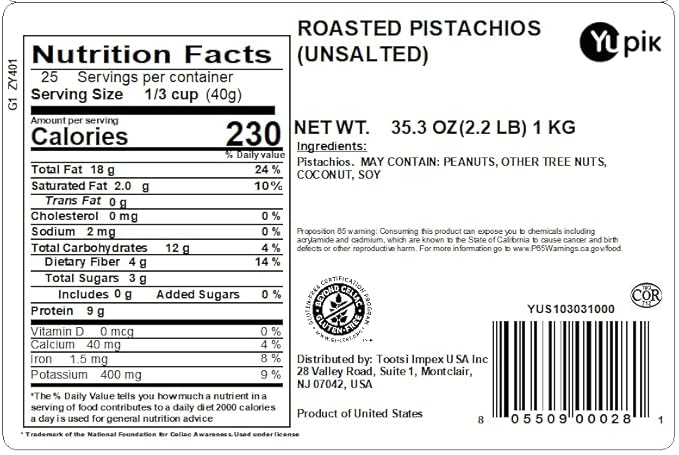 Yupik Dry Roasted Unsalted Pistachios, In Shell, 2.2 lb (35.3 oz), Gluten-Free, Kosher, Crunchy