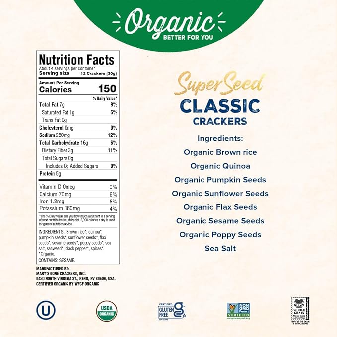 Mary's Gone Crackers Super Seed Classic Crackers, Vegan Friendly, Kosher, USDA Certified Organic