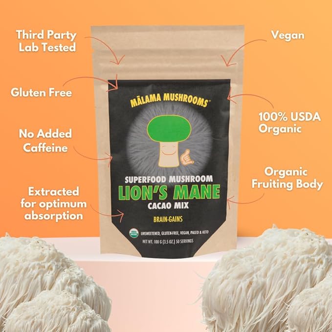 Malama Organic Mushroom Hot Cacao Mix, Lion's Mane Mushroom Powder with Fair Trade Cacao for Focus