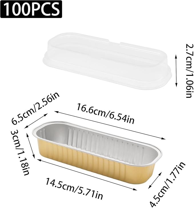 100 Pack 6.8oz Aluminum Cake Pans with Lids Rectangle Mini Loaf Pans Baking Cups Disposable Cupcake