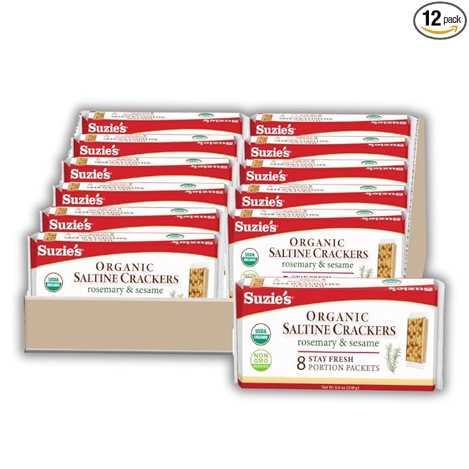 Suzie's Organic Rosemary Sesame Saltines Crackers|Healthy Gourmet Baked Vegan Snack for Adults &