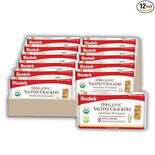 Suzie's Organic Rosemary Sesame Saltines Crackers|Healthy Gourmet Baked Vegan Snack for Adults &