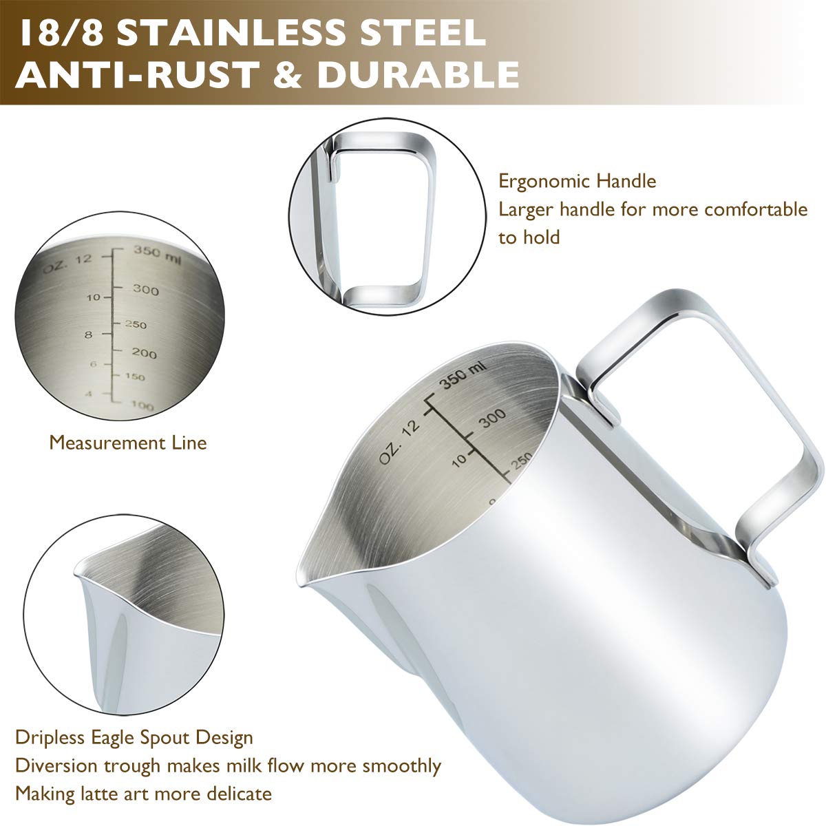CAMKYDE Stainless Steel Milk Frothing Pitcher 12 oz, Espresso Steaming Pitcher with Decorating Pen