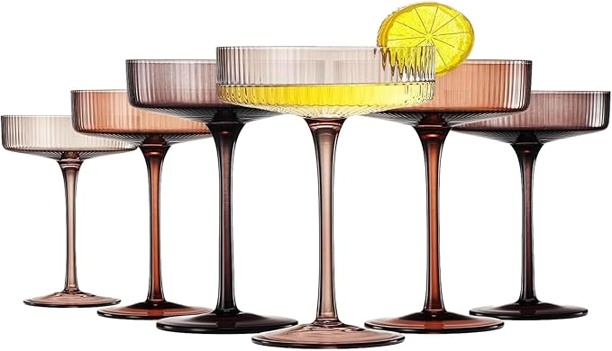 Khen Venus Colors 6 Pcs Ribbed Coupe Glasses, 10 oz Vintage Coupe Glass Set, Unique Martini Glass