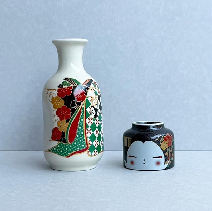 Japanese Traditional Kokeshi Design Sake Wine Soju Ceramic Set with 1 Ochoko Cup and 1 Tokkuri
