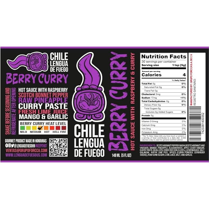 Chile Lengua de Fuego Berry Curry Hot Sauce – 1 Bottle – Scotch Bonnet, Mango, Blackberry & Curry