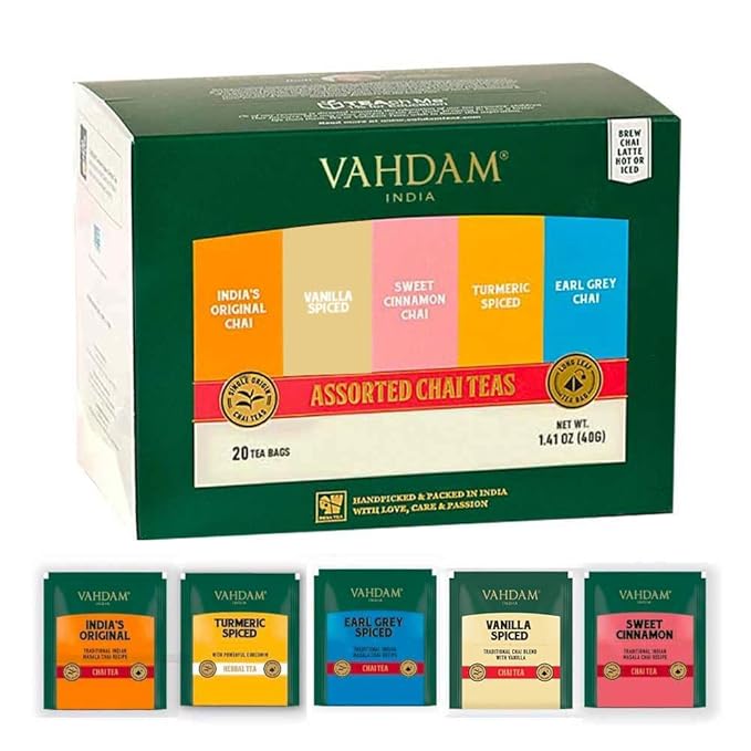 VAHDAM, Assorted Chai Tea Bags Sampler (5 Flavors, 20 Ecofriendly Pyramid Tea bags) I Gift Ideas