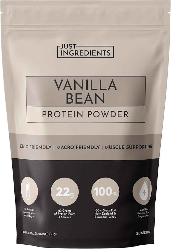 JUST INGREDIENTS Vanilla Bean Protein Powder ??20-Serving Blend with 100% Grass-Fed Whey & Organic
