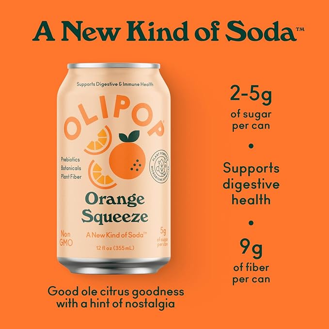 OLIPOP Prebiotic Soda Pop, Orange Squeeze, A New Kind of Soda Packed with Prebiotics, Fiber, and