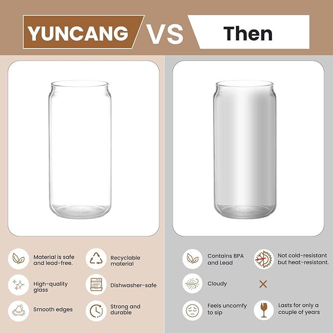 YUNCANG 6 Pack Bamboo Lid Glass Drinking Glasses with Glass Straw - 16-ounce Can Shaped Glassware