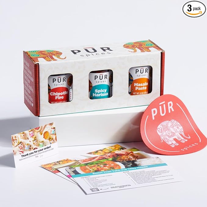 PUR Spices Tasty Gift Box I Set of Three Hot Sauces and Cooking Pastes I Recipe Card and Jar Opener