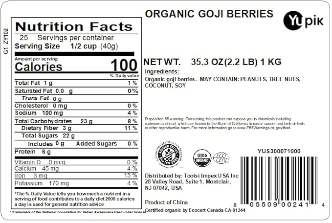 Yupik Organic Dried Goji Berries, 2.2 lb, Gluten-Free, Non-GMO, Vegan, Dried Fruits, Wolfberries