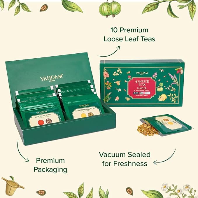 VAHDAM, Assorted Loose Leaf Tea Gift Set (10 Flavors) Gift Ideas for Women & Men | Herbal Tea