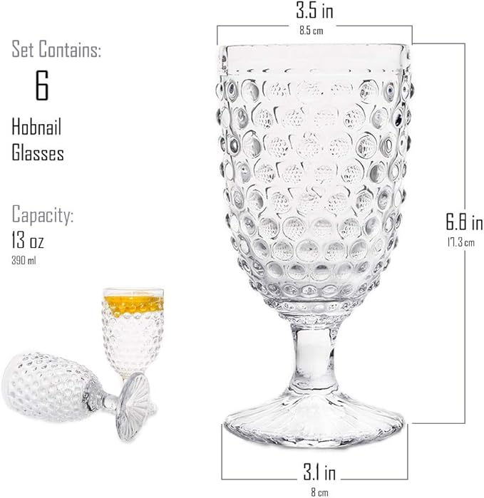 Hobnail Drinking Glasses Goblet Water set of 6, 13 oz Iced Tea Glasses Ideal for Soda Wine Milk
