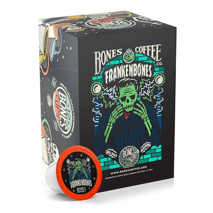 Bones Coffee Company Frankenbones, Hazelnut Chocolate Flavored Coffee Pods, Low Acid Medium Roast