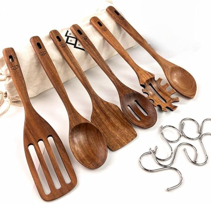 Wooden Utensils for Cooking, Premium Teak Healthy Spoons, Wooden Spoons for Cooking, Durable