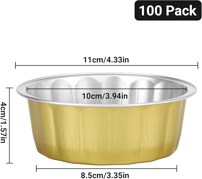 Beasea 8 oz 100 Pack Aluminum Ramekins, Disposable Ramekins Foil Cups Baking 3.9" Ramekin Cup