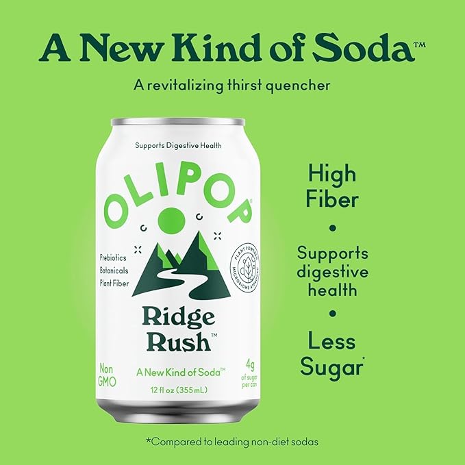 OLIPOP Prebiotic Soda Pop, Ridge Rush, Pantry Pack Packed with Prebiotics, Fiber, and Botanicals