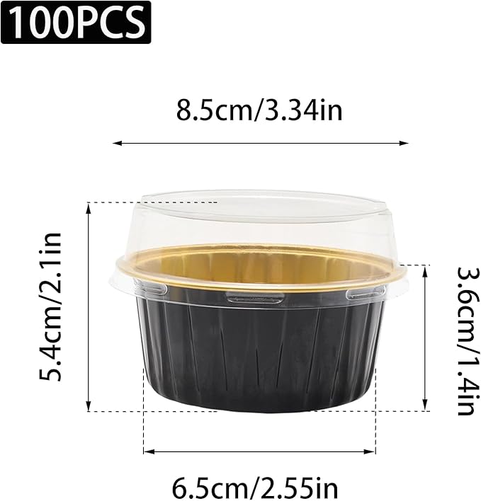 100 Pack 4.2oz Aluminum Cups with Lids Mini Flan Containers with Lids Cupcake Baking Cups, Black