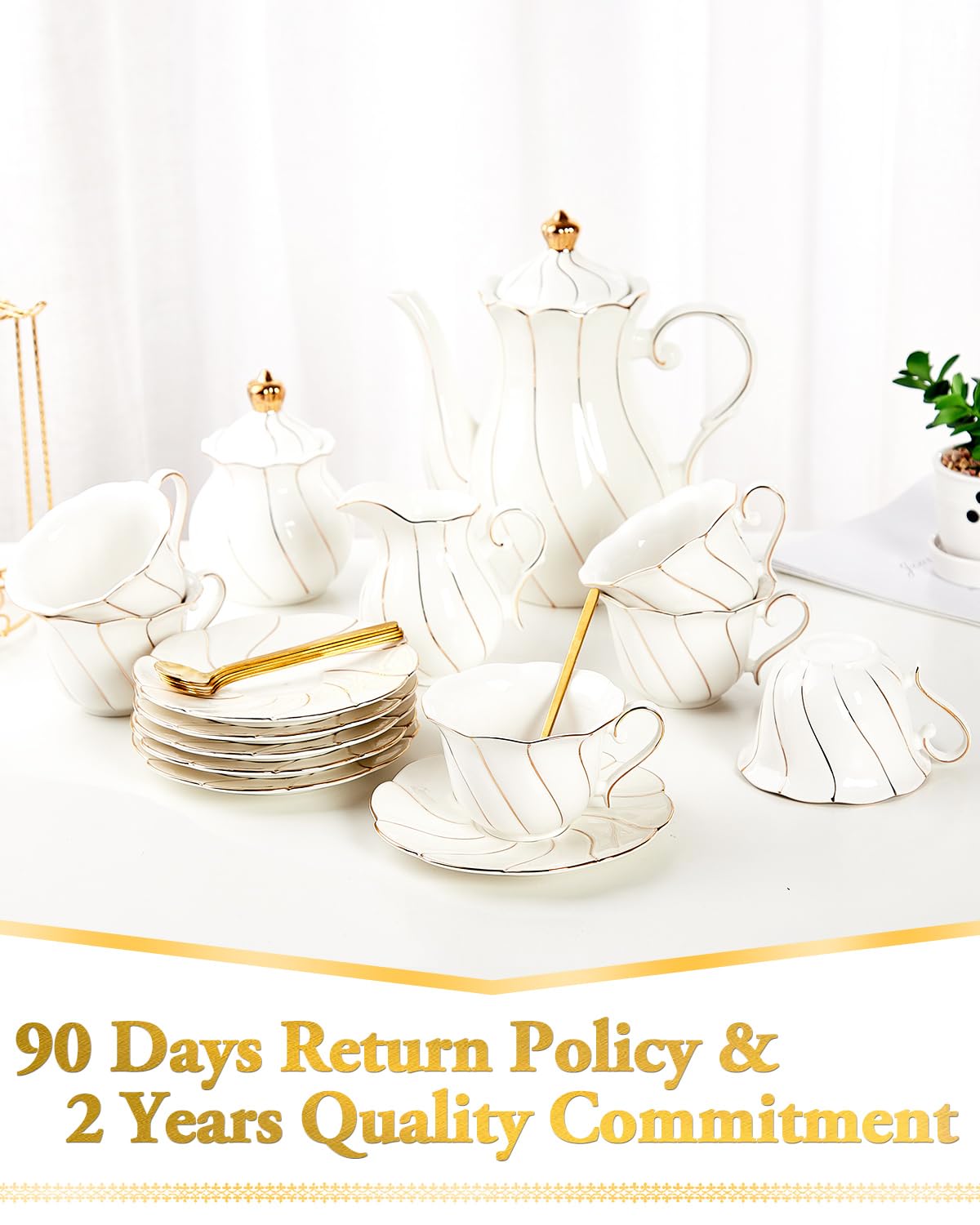 DUJUST 22 pcs White Porcelain Tea Set for 6, Luxury British Style Tea/Coffee Cup Set with Golden