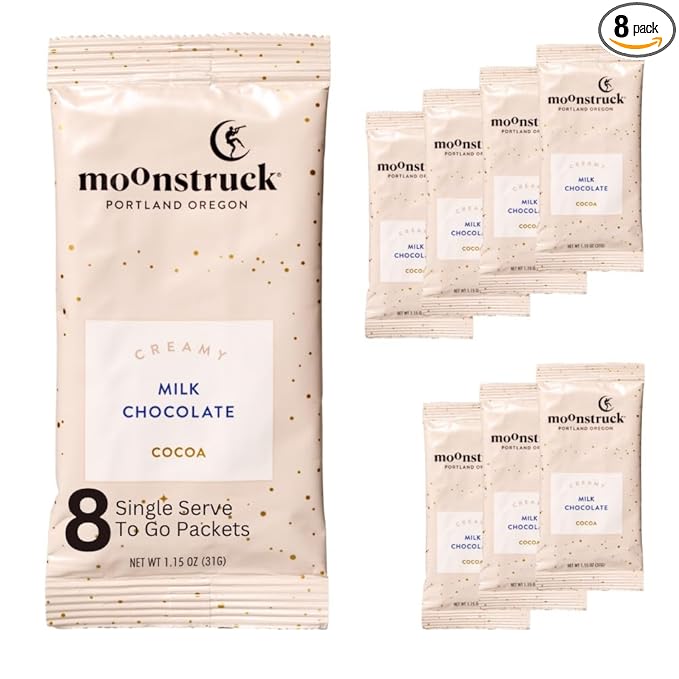 Moonstruck Chocolate Single Serve Creamy Milk Chocolate Hot Chocolate Packets, 8 Count (Pack of 1)