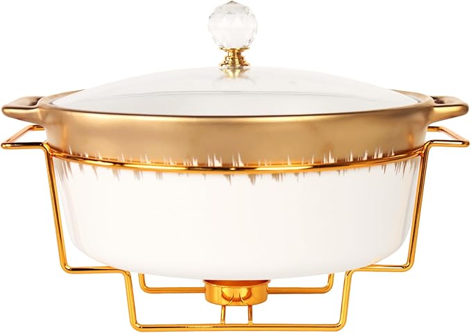 Ceramic Casserole Dish with rack and Glass Lid, 1.8 Qt Round Serving Soup Tureen with Handle