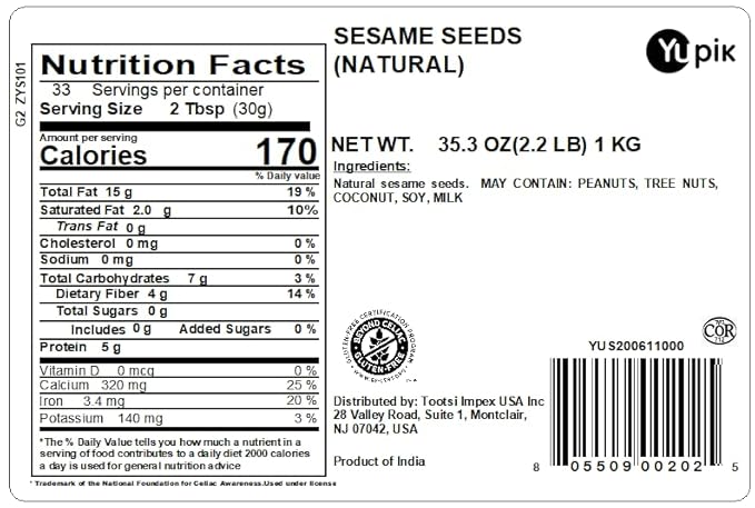 Yupik Natural Sesame Seeds, 2.2 lb (35.2 oz), Gluten-Free, GMO-Free, Kosher, Vegan, Raw, Unroasted