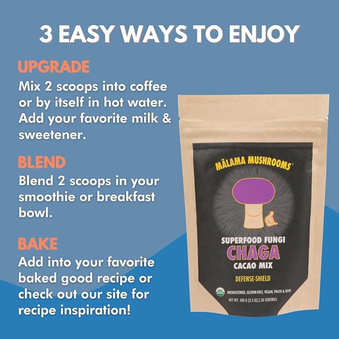 Malama Organic Mushroom Hot Cacao Mix, Chaga Mushroom Powder with Fair Trade Cacao for Immune &