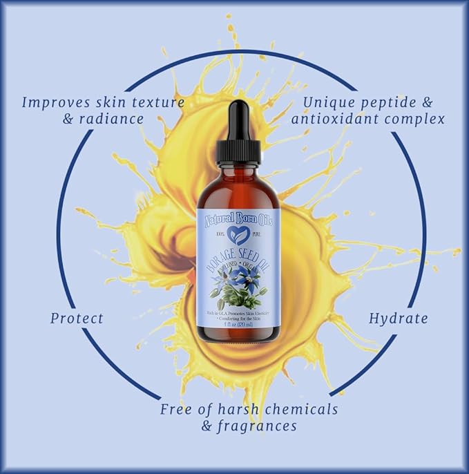 Natural Born Oils Borage Seed Oil, 8oz, Organic, Cold-Pressed, Carrier Oil, Omega-6 Rich, Skin