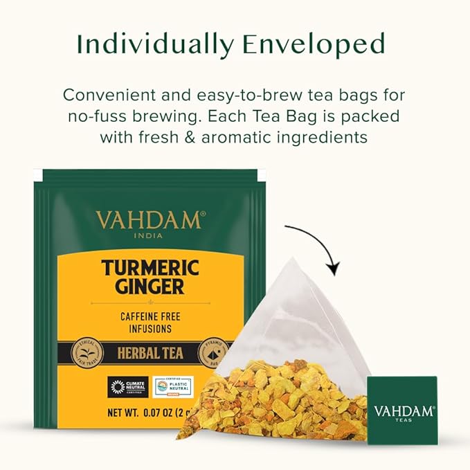 VAHDAM, Turmeric Ginger Herbal Tea Bags (30 Pyramid Tea Bags) Caffeine Free, Non GMO, Gluten Free |