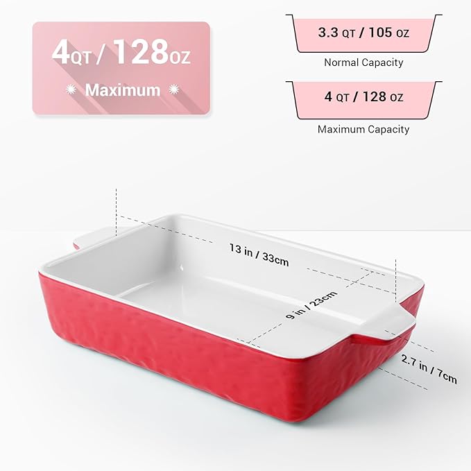 4 QT Baking Dish, Casserole Dishes for Oven, 9x13 Baking Pan with Handles, Lasagna Pan Deep