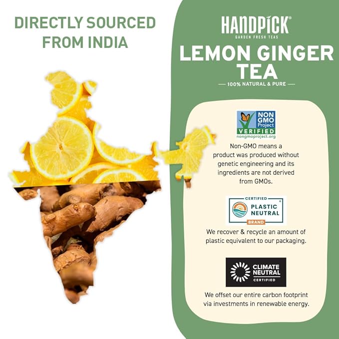 HANDPICK, Lemon Ginger Herbal Tea - 100 Pyramid Tea Bags | 100% Natural Ingredients, Tasty &