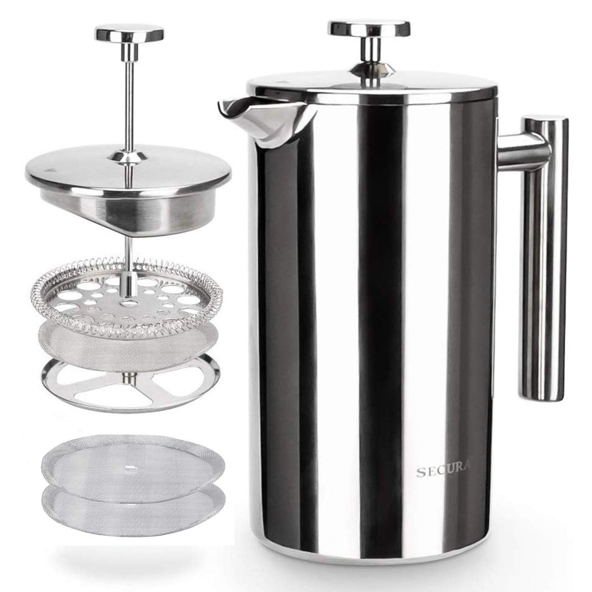 Secura French Press Coffee Maker, 304 Grade Stainless Steel Insulated Coffee Press with 2 Extra