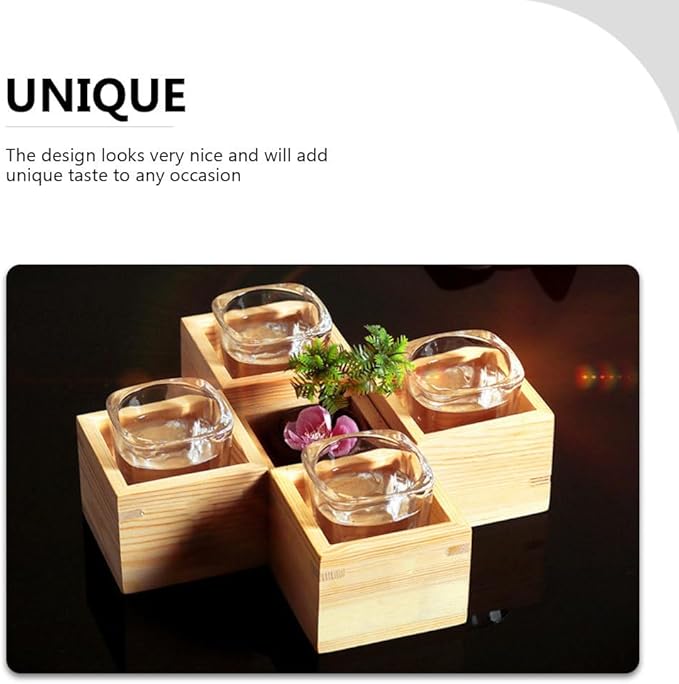 Sake Cup Wooden Box: Japanese Saki Cup Holder Box Square Drinkware Glasses Bottle Container for
