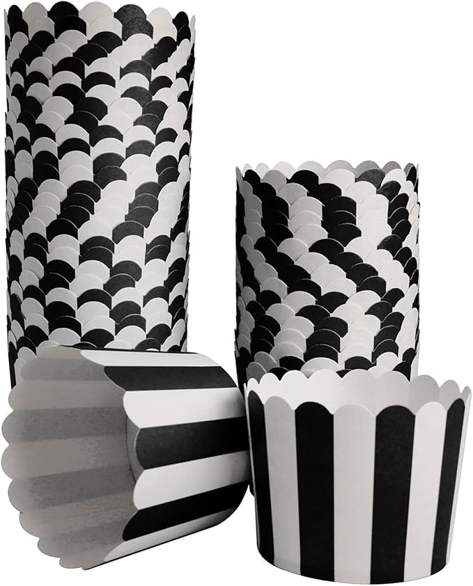 50 Pack Muffin Liners Baking Paper Cups Black and White Stripes Cupcake Liners Elegent Muffins