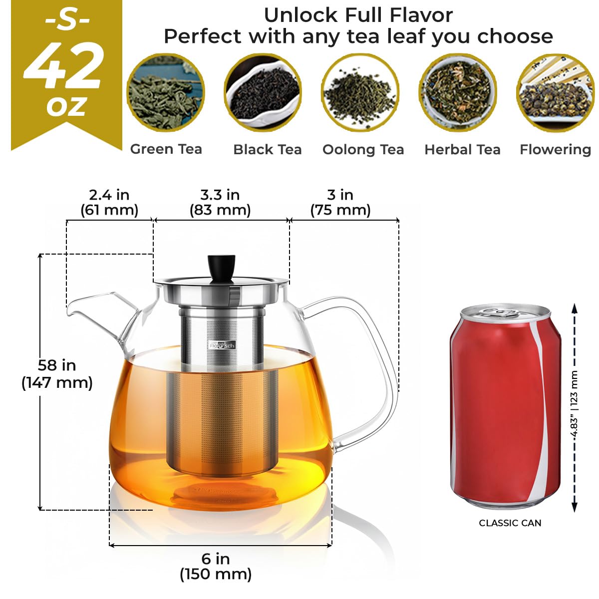Aquach 42oz Glass Teapot with Infuser, Stovetop Safe Tea Kettle