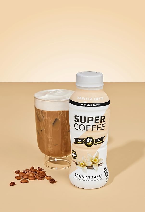 Super Coffee, Ready To Drink Iced Coffee, Vanilla Latte (12 Ounce Bottles, Pack of 12) - Low Net
