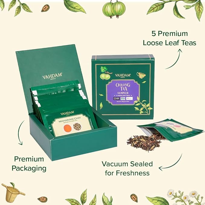 VAHDAM Assorted Oolong Tea Sampler Gift Set (5 Flavors) – Gluten-Free, Non-GMO | 5 Unblended Loose