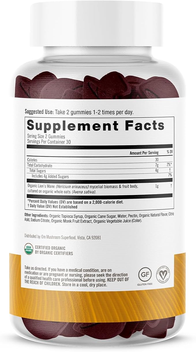 OM Mushroom Superfood Lion's Mane Gummies, 60 Count, 30 Servings, USA Grown Organic Mushrooms