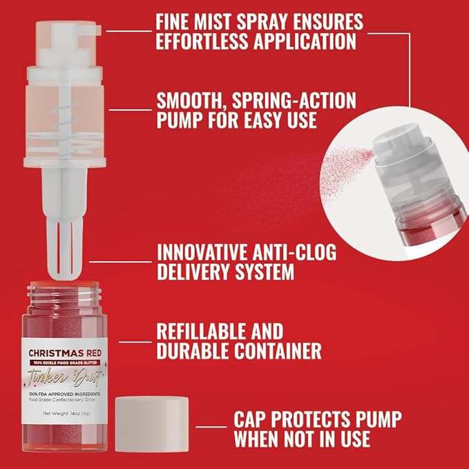 Bakell - Christmas Red Tinker Dust (4g, 1x Mini Spray Pump) Edible Glitter for Food, Desserts, and