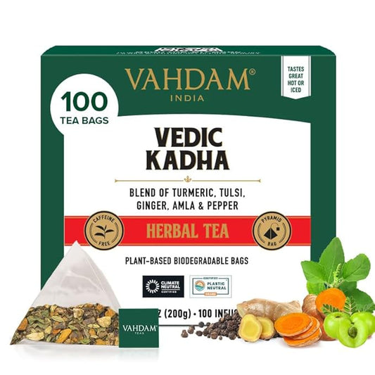 VAHDAM, Vedic Kadha Herbal Tea Bags (100 Ct) Caffeine Free, 100% Real Ingredients - Turmeric, Black