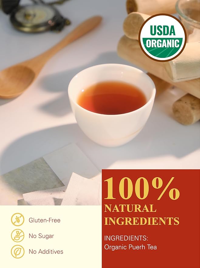 GLDNT Organic Pu-erh Tea Bags, Fermented Yunnan Dark Tea, Bold & Mellow Flavor, Caffeinated, 100
