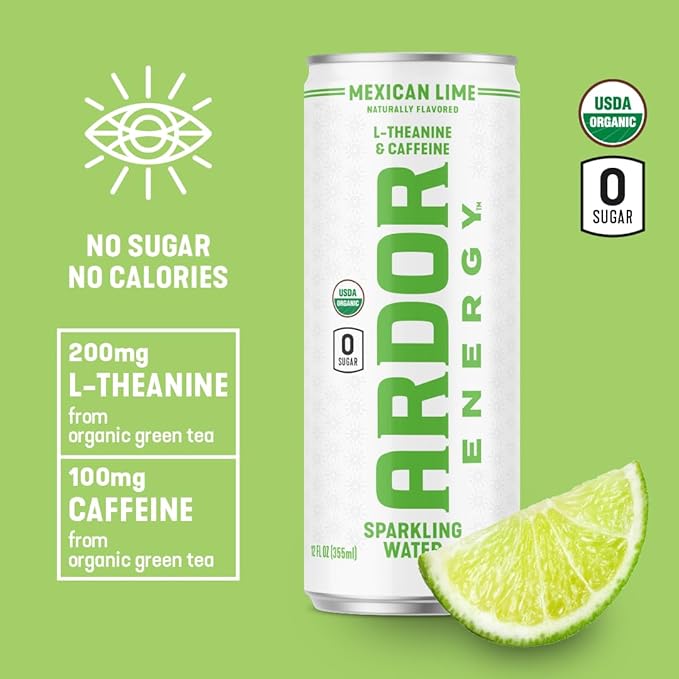 ARDOR Sparkling Water with 100mg Natural Caffeine & 200mg L-Theanine from Organic Green Tea for