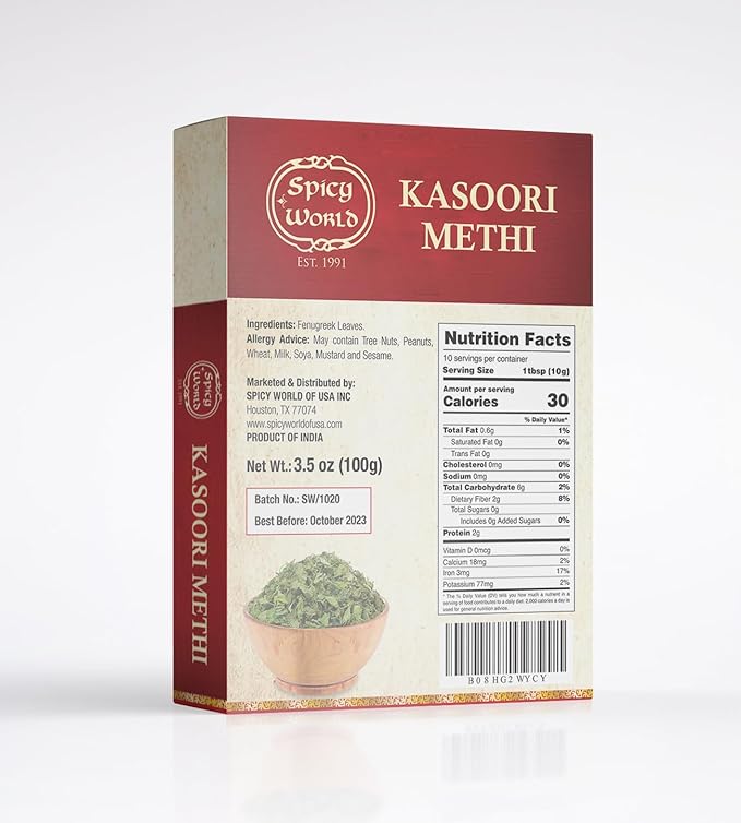 Spicy World Dried Fenugreek Leaves (Kasoori Methi) 3.5oz Box (100g) - All Natural | Vegan | Gluten